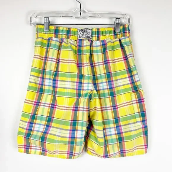 Polo Ralph Laurent Plaid Swim Trunks Preppy Pockets Yellow Plaid Boys Size Med - Picture 8 of 12